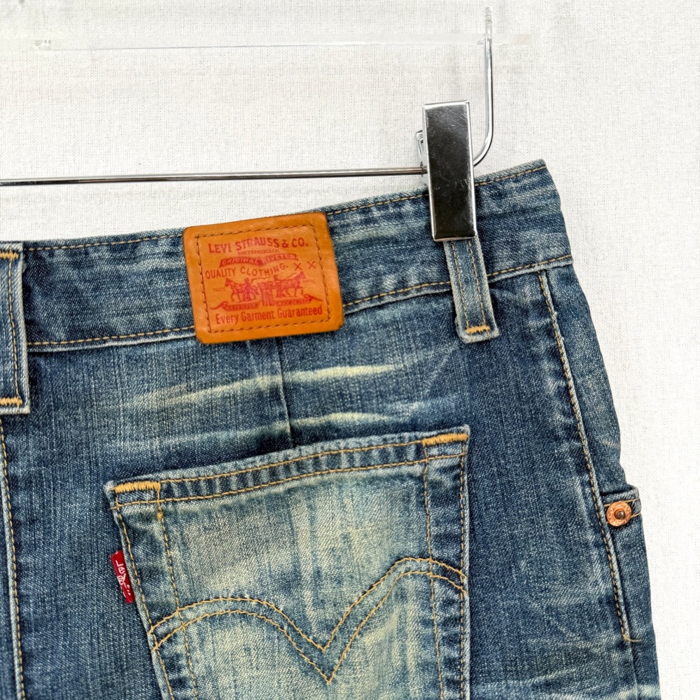 LEVIS Vintage Y2K Denim Skirt Women 28 Blue Pleated Midi Distressed USA Made - Picture 8 of 14
